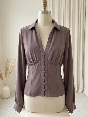 OAK + FORT| Mauve Button-Front Long Sleeve Feminine Collared Blouse Sz L